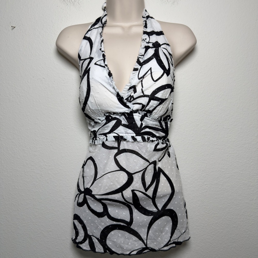 VTG y2k BCX Women Halter Neck Babydoll Top Large White Cotton Black Floral Party